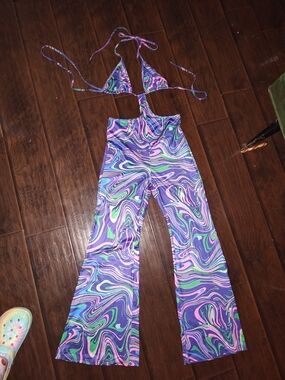 Purple Swirl One-Piece Silky Jumpsuit with Bikini Top